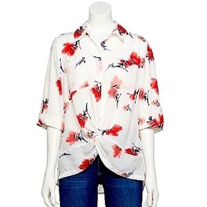 Iz Byer White & Red Floral Print Collar Blouse Shirt Size Small S